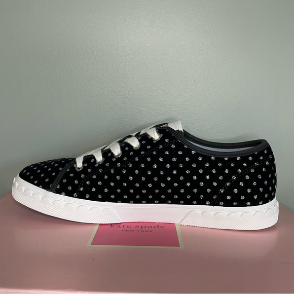 KATE SPADE Vale Black Silver Glitter Dotted Low Top Velvet Sneaker Scalloped 7.5 - Picture 13 of 16